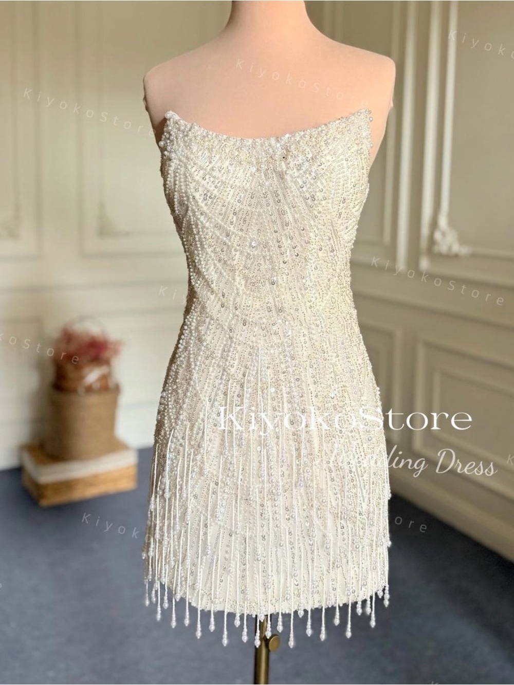 Strapless Beaded Ivory Mini Dress - Picture 5 of 6
